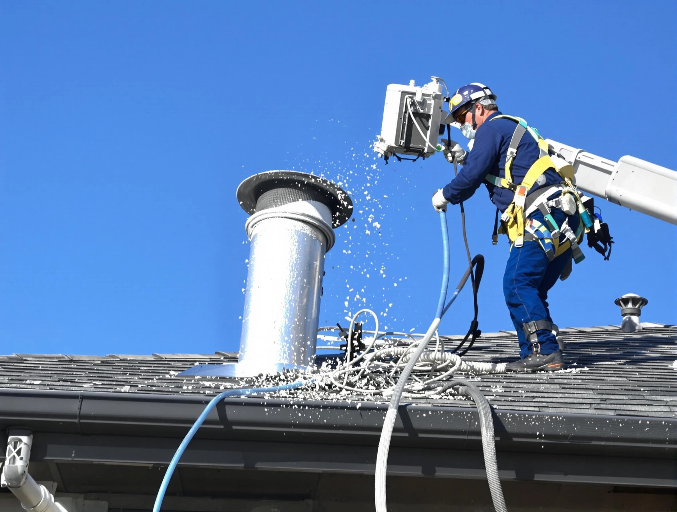 Kirtland AFB Dryer Vent Cleaning certified technician safely cleaning a roof-mounted dryer vent in Kirtland AFB
