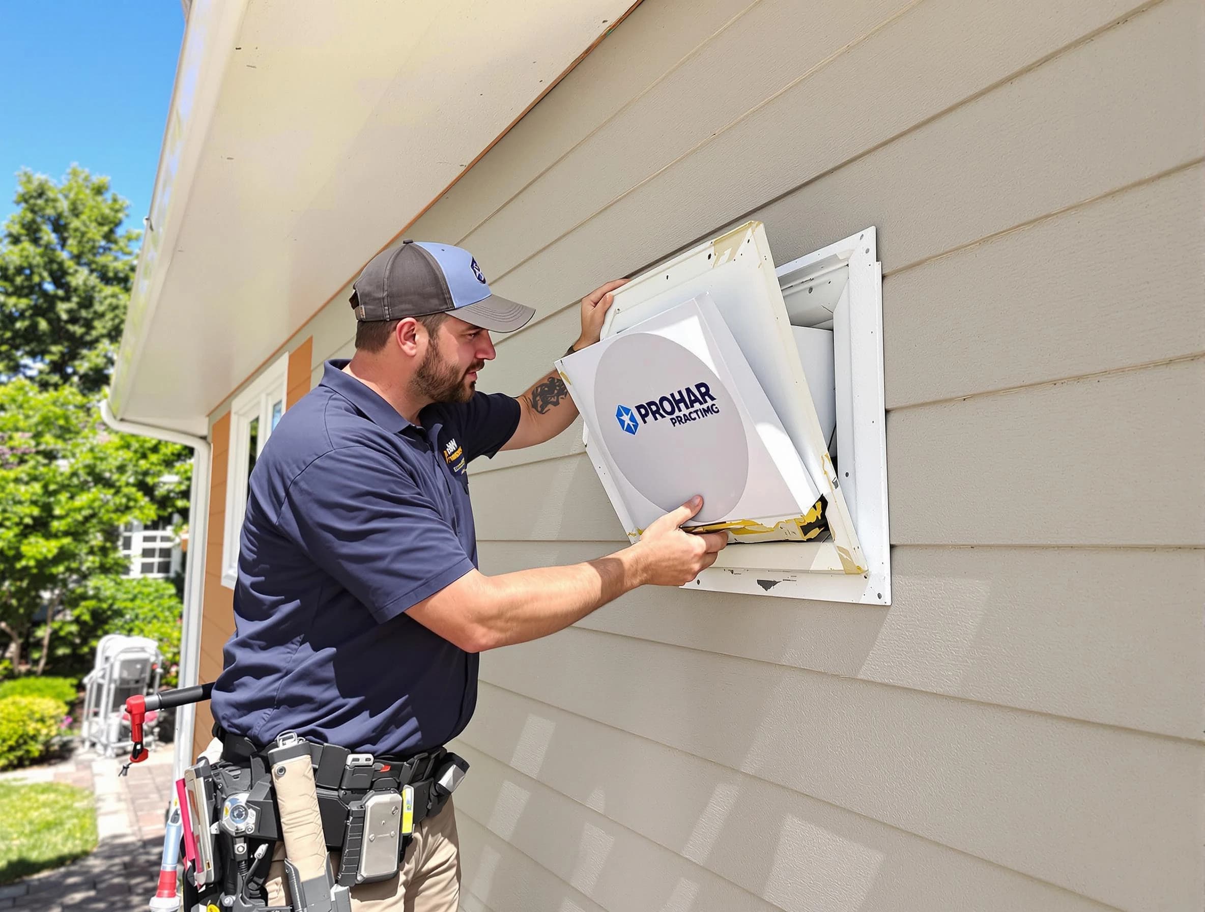 Kirtland AFB Dryer Vent Cleaning technician installing a new protective dryer vent cover on a home in Kirtland AFB