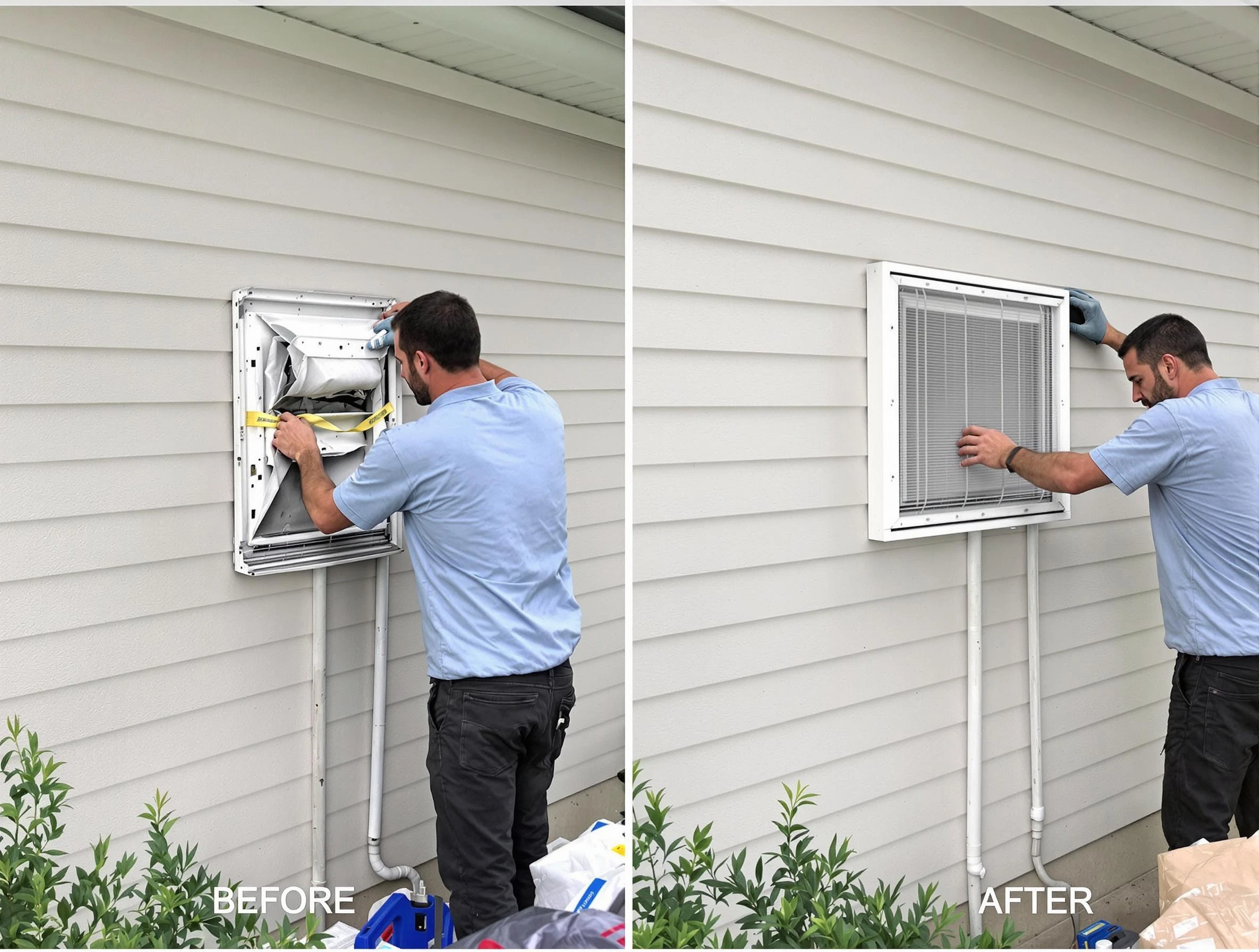 Kirtland AFB Dryer Vent Cleaning technician installing high-quality dryer vent cover at a residential property in Kirtland AFB
